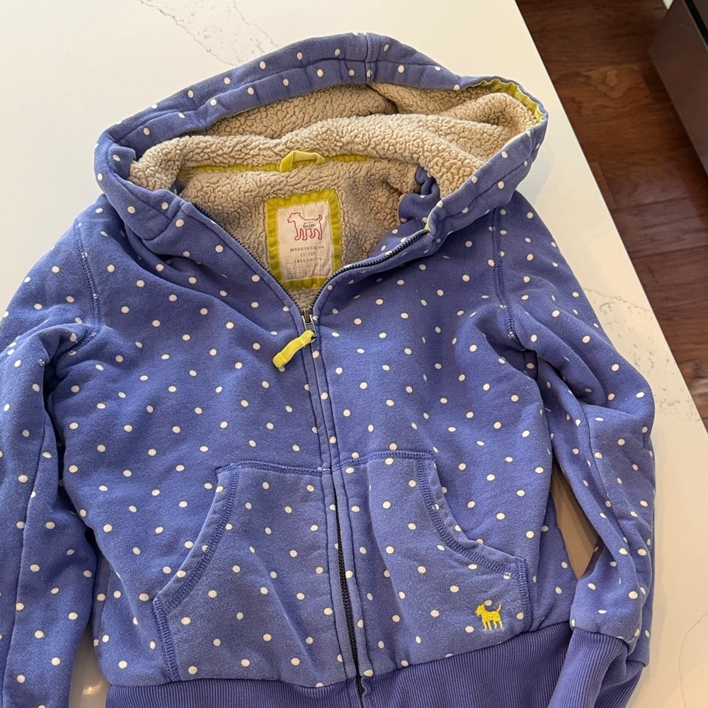 Mini Boden Purple Polka Dot Sherpa Hoodie with Yellow Accents